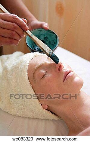 Green clay face skin theraphy massage, woman View Large Photo Image Stock Photo - Green clay face skin theraphy massage, woman. Fotosearch
