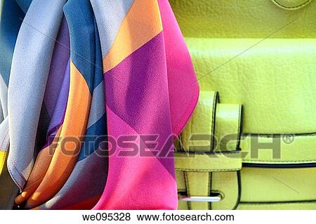 Green leather handbag and scarf of silk, Spring Summer Fashion collection View Large Photo Image Stock Photo - Green leather handbag and scarf of silk, Spring Summer Fashion collection. Fotosearch