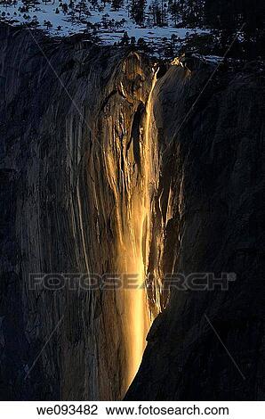 Horse Tail Fall on El Capitan lit by the last orange rays of sunlight seen from Yosemite Valley View Large Photo Image Stock Image - Horse Tail Fall on El Capitan lit by the last orange rays of sunlight seen from Yosemite Valley. Fotosearch
