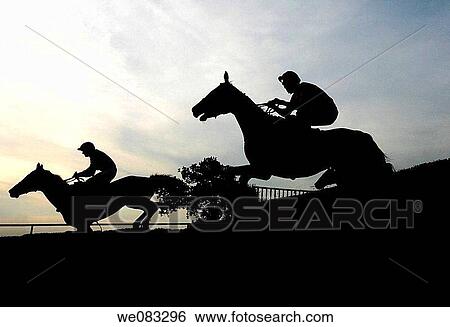 Horses silhouetted as they go over a jump at Towcester Racecourse View Large Photo Image Stock Photograph - Horses silhouetted as they go over a jump at Towcester Racecourse. Fotosearch