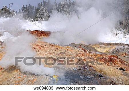 Hot steam in winter from Steamboat Geyser and fumarole in Norris Geyser Basin Yellowstone Park View Large Photo Image Stock Image - Hot steam in winter from Steamboat Geyser and fumarole in Norris Geyser Basin Yellowstone Park. Fotosearch
