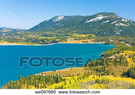 Stock Image - lake with mountains in fall, barrier lake. Fotosearch