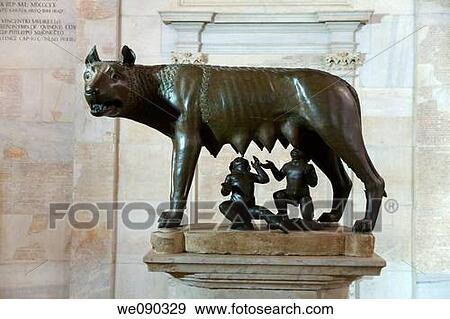Stock Photo - Lupa Capitolina: she-wolf with Romulus and Remus. Bronze, 12th century Capitoline Museums, Rome, Italy, Europe. Fotosearch