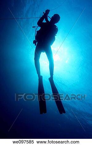 Stock Photography - Maldives baa atoll darajandhoo below a scuba diver at deco stop hanged at a rope. Fotosearch