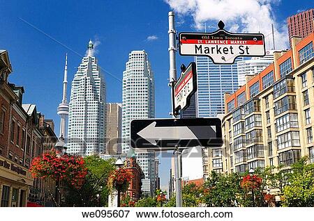 Stock Photo - Market and Front Streets in Old Toronto with financial and CN towers and Flatiron building. Fotosearch