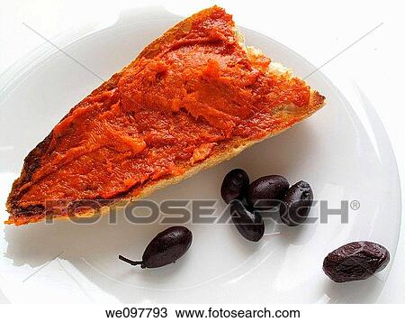 Mayorquina sobrasada toast and black olives View Large Photo Image Stock Image - Mayorquina sobrasada toast and black olives. Fotosearch