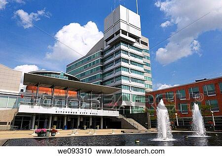 Stock Image - Modern architecture of Kitchener City Hall buildings with pool and fountain. Fotosearch
