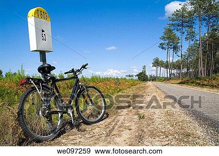 Mountain bike parked against a French milestone D802 county road in Landes forest View Large Photo Image Stock Photo - Mountain bike parked against a French milestone D802 county road in Landes forest. Fotosearch