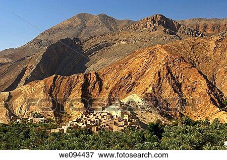 Mountain village of Misfah al Abriyeen in the foothills of the Hajar mountains, Wilayat of al Hamra, Sultanate of Oman hanging village View Large Photo Image Stock Photo - Mountain village of Misfah al Abriyeen in the foothills of the Hajar mountains, Wilayat of al Hamra, Sultanate of Oman hanging village. Fotosearch