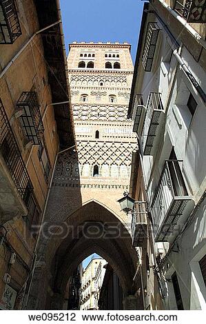 Stock Image - Mudejar tower of El Salvador Teruel town Aragon Spain. Fotosearch