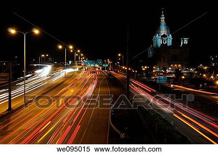 Night traffic on Highway 94 in Minneapolis with the Basilica of Saint Mary View Large Photo Image Stock Photography - Night traffic on Highway 94 in Minneapolis with the Basilica of Saint Mary. Fotosearch