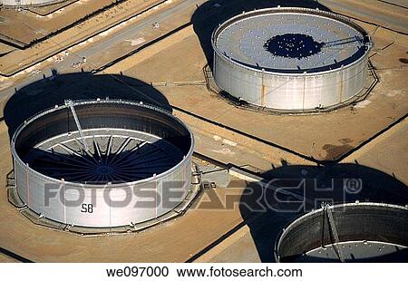 Stock Image - Oil tanks fields aerial view, Berre l? Etang, France. Fotosearch