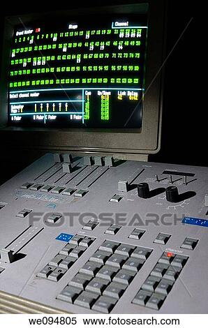 Old electronic studio light control console and computer monitor screen in the dark View Large Photo Image Stock Photography - Old electronic studio light control console and computer monitor screen in the dark. Fotosearch