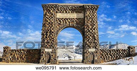 Stock Image - Original Roosevelt Arch North Gate to Yellowstone National Park Montana built in 1903. Fotosearch