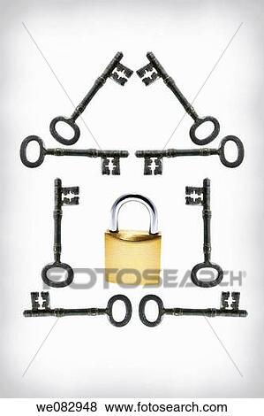 Padlock and Skeleton Keys Arranged in Shape of House View Large Photo Image Stock Photo - Padlock and Skeleton Keys Arranged in Shape of House. Fotosearch