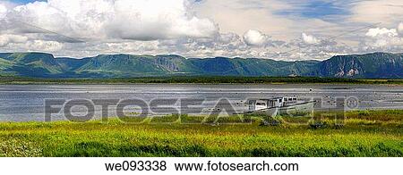 Panorama of abandoned boats at Parsons Pond Newfoundland with Gros Morne Long Range Mountains View Large Photo Image Stock Photo - Panorama of abandoned boats at Parsons Pond Newfoundland with Gros Morne Long Range Mountains. Fotosearch