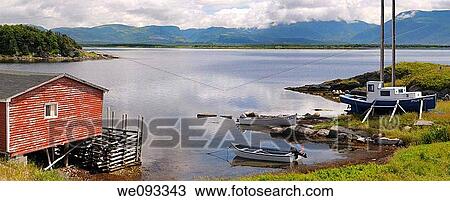 Panorama of boathouse and boats at St Pauls Inlet Newfoundland with Gros Morne Long Range Mountains View Large Photo Image Stock Image - Panorama of boathouse and boats at St Pauls Inlet Newfoundland with Gros Morne Long Range Mountains. Fotosearch