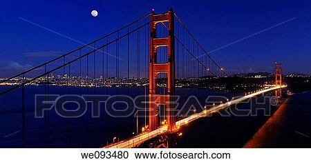 Panorama of Golden Gate Bridge and San Francisco skyline at night with rising moon View Large Photo Image Stock Image - Panorama of Golden Gate Bridge and San Francisco skyline at night with rising moon. Fotosearch