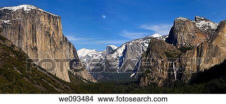 Picture - Panorama of Yosemite Valley from Tunnel View in the evening with moon. Fotosearch