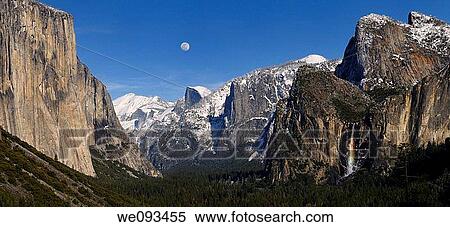 Panorama of Yosemite Valley from Tunnel View with moon and rainbow on Bridalveil Fall View Large Photo Image Stock Photography - Panorama of Yosemite Valley from Tunnel View with moon and rainbow on Bridalveil Fall. Fotosearch