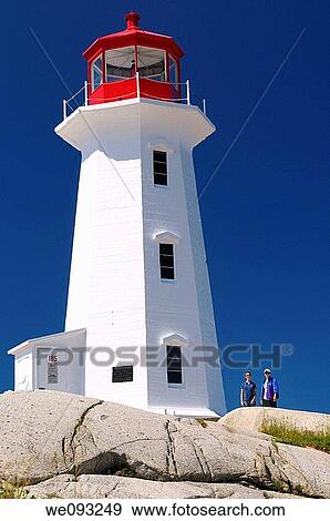 Peggys Cove lighthouse against a blue sky with mother and daughter tourists View Large Photo Image Stock Photo - Peggys Cove lighthouse against a blue sky with mother and daughter tourists. Fotosearch