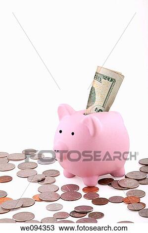 Pink Piggy Bank isolated on white background with coins and has a 20 dollar bill sticking out View Large Photo Image Stock Image - Pink Piggy Bank isolated on white background with coins and has a 20 dollar bill sticking out. Fotosearch