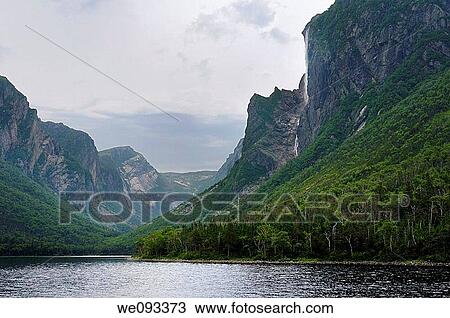 Pissing Mare Falls pouring over cliff edge rock wall of Western Brook Pond at Gros Morne National Park Newfoundland View Large Photo Image Stock Image - Pissing Mare Falls pouring over cliff edge rock wall of Western Brook Pond at Gros Morne National Park Newfoundland. Fotosearch