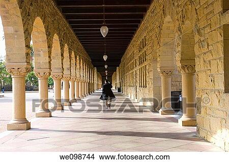 Picture - Portico in the Main Quad of Stanford University, with a man walking past the sandstone arches and columns Stanford, California. Fotosearch