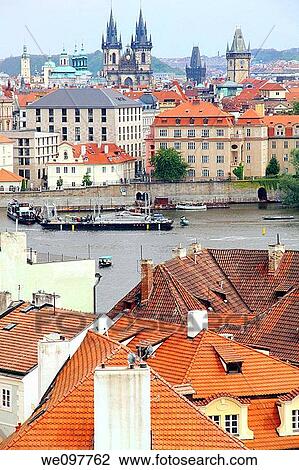 Stock Image - Prague rooftops and Vltava river Bohemia Czech Republic. Fotosearch