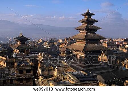 Roofs of the five-story Hindu Nyatapola Temple rising above buildings of the UNESCO World Heritage town of Bhaktapur at sunset- Kathmandu Valley, Nepal View Large Photo Image Stock Image - Roofs of the five-story Hindu Nyatapola Temple rising above buildings of the UNESCO World Heritage town of Bhaktapur at sunset- Kathmandu Valley, Nepal. Fotosearch