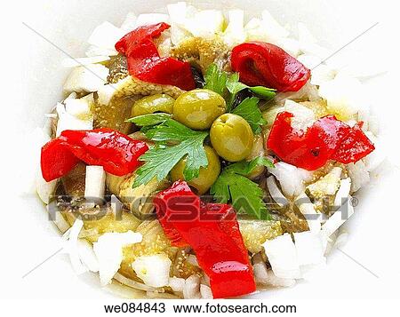 Salad of roasted eggplant and pepper, onion and olives View Large Photo Image Stock Image - Salad of roasted eggplant and pepper, onion and olives. Fotosearch