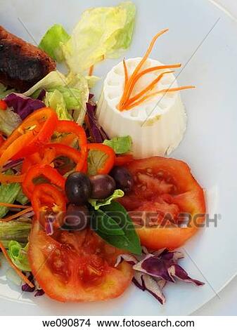 Salad with cheese and grilled chorizo View Large Photo Image Picture - Salad with cheese and grilled chorizo. Fotosearch