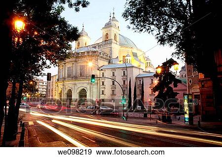 Stock Photo - San Francisco El Grande church and Bail? n street, night view. Madrid, Spain.. Fotosearch