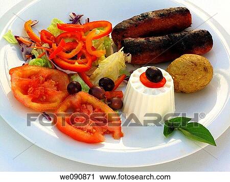 Sausages and grilled potato salad View Large Photo Image Stock Image - Sausages and grilled potato salad. Fotosearch