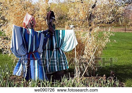 Stock Photograph - Scarecrows in bed of Tulips at springtime, Montreal Botanical Garden, Quebec, Canada. Fotosearch