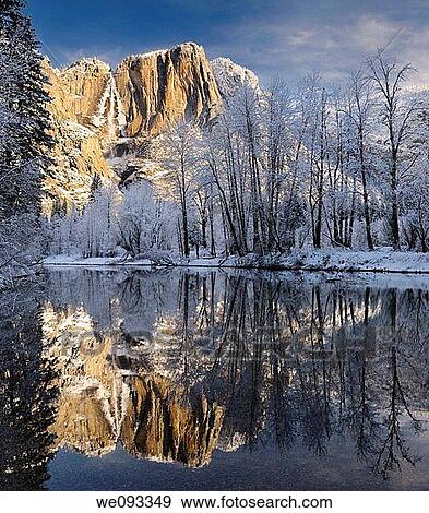 Snow covered trees and Yosemite Point and the Upper Fall reflected in the Merced River in winter View Large Photo Image Stock Photo - Snow covered trees and Yosemite Point and the Upper Fall reflected in the Merced River in winter. Fotosearch