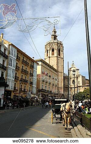 Spain, Valencia: Old town, Plaza de la Reina, Torre del Miguelete, bell tower of the cathedral View Large Photo Image Stock Photo - Spain, Valencia: Old town, Plaza de la Reina, Torre del Miguelete, bell tower of the cathedral. Fotosearch
