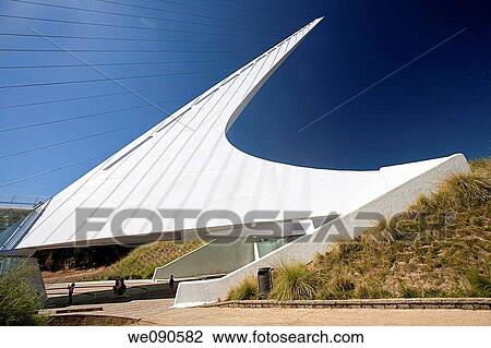 Stock Image - Sundial Bridge is a cantilever spar cable-stayed bridge for bicycles and pedestrians that spans the Sacramento River in Redding, California. Fotosearch