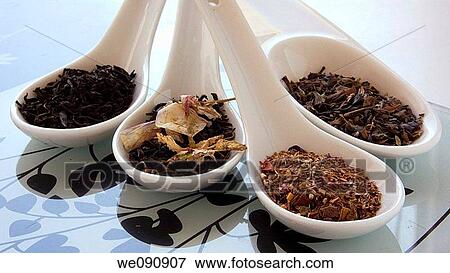 Stock Photo - Tea, black tea, green tea, jasmine tea, rooibos with flowers and fruit. Fotosearch
