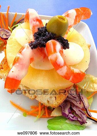 Toasted bread, fresh pineapple and prawns with mayonnaise View Large Photo Image Stock Photograph - Toasted bread, fresh pineapple and prawns with mayonnaise. Fotosearch