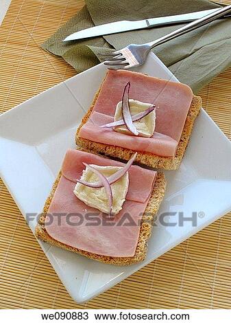Toasted bread, ham, Goat cheese and onion View Large Photo Image Stock Image - Toasted bread, ham, Goat cheese and onion. Fotosearch