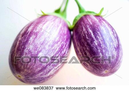 Stock Photo - Two Freshly Harvested Graffiti Eggplants on Cutting Board. Solanum melongena.. Fotosearch