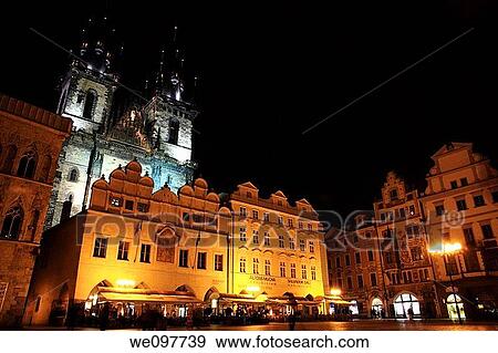 Tyn church in Staromestske Namesti Old Town Square at night, Prague, Czech Republic View Large Photo Image Stock Photo - Tyn church in Staromestske Namesti Old Town Square at night, Prague, Czech Republic. Fotosearch