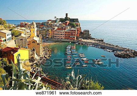Stock Image - Vernazza from above, Cinque Terre, Italy. Fotosearch