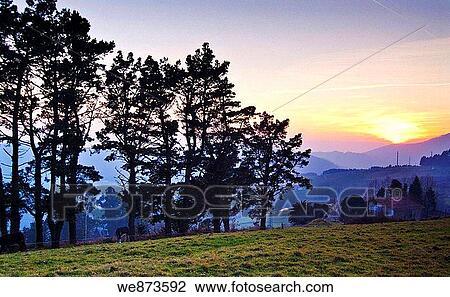 Stock Image - View at dusk from Sollube, Bermeo, Vizcaya, Basque Country, Spain.. Fotosearch
