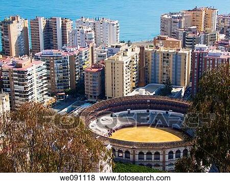 Stock Photo - Views of the bullring in Malaga from the Alcazaba. Malaga. Andalucia. Spain.. Fotosearch