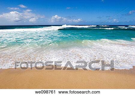 Waves breaking on a sandy beach on Oahu Hawaii with turquoise water of Pacific Ocean and deep blue sky Sunset Beach, Oahu, Hawaii View Large Photo Image Stock Image - Waves breaking on a sandy beach on Oahu Hawaii with turquoise water of Pacific Ocean and deep blue sky Sunset Beach, Oahu, Hawaii. Fotosearch