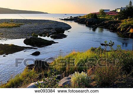 Wildflowers along Mobile River at sunset with a boat in the Bay on Avalon Peninsula Newfoundland View Large Photo Image Picture - Wildflowers along Mobile River at sunset with a boat in the Bay on Avalon Peninsula Newfoundland. Fotosearch
