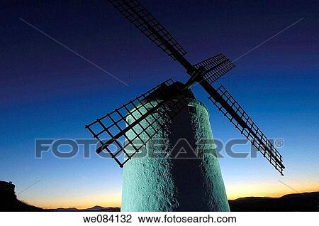 Windmill at dusk, Consuegra. Route of Don Quixote, Toledo province, Castilla-La Mancha, Spain View Large Photo Image Stock Image - Windmill at dusk, Consuegra. Route of Don Quixote, Toledo province, Castilla-La Mancha, Spain. Fotosearch