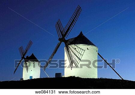 Windmills at dusk, Consuegra. Route of Don Quixote, Toledo province, Castilla-La Mancha, Spain View Large Photo Image Stock Image - Windmills at dusk, Consuegra. Route of Don Quixote, Toledo province, Castilla-La Mancha, Spain. Fotosearch
